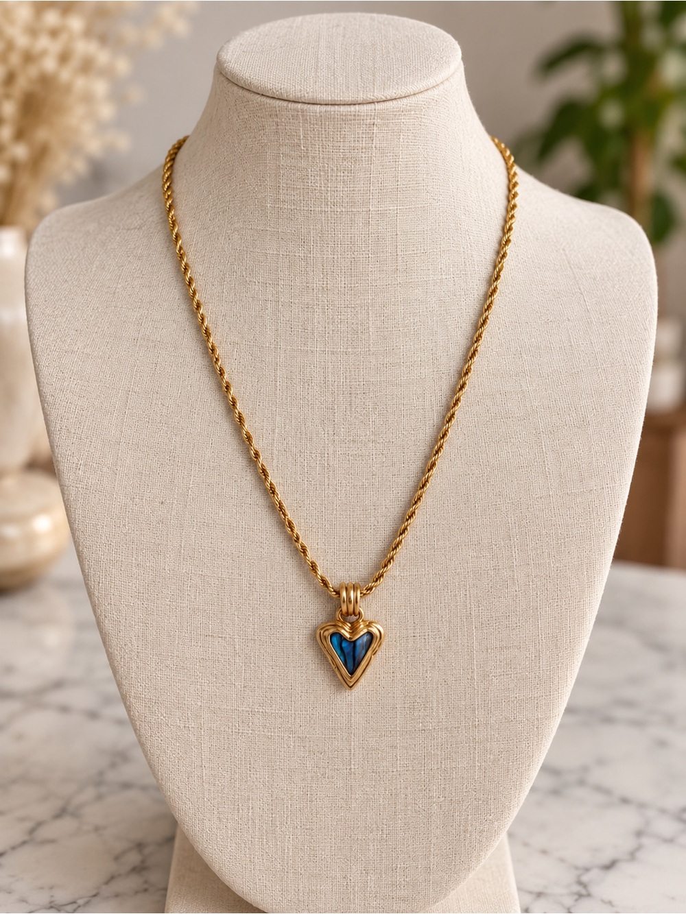 Source Unknown Gold Rope Necklace with Blue Heart Pendant